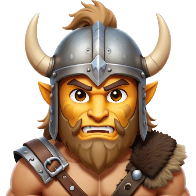 Clash of Clans aesthetic: Cinematic Fierce Barbarian Portrait Emoji, Poised and bold with a rugged yet cartoonish build in tattered furs and a horned helmet, his exposed skin a rich tan, expressive bright eyes and a confident smirk, Simplified yet dynamic features, highly detailed, glowing with a vivid, adventurous aura, high shine, heroic and spirited, stylized with an air of medieval warrior charm, focused and energetic, soft glowing outline, capturing the essence of a fearless barbarian adventurer ready to lead his clan with spirited valor! emoji