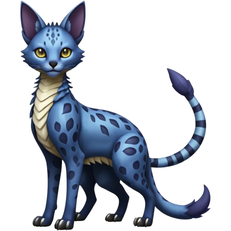 Epic complex knightly divine glorious futuristic detailed dark dusky gloomy deep gothic indigo, realistic Fakémon-Sprigatito-Floragato-Meowscarada-Trico-Sergal-Serval-Vernid-creature (full body) emoji