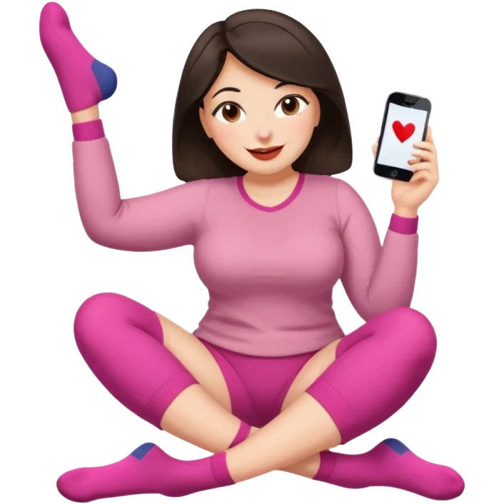Cute curvy woman dark hair brown eyes big ass big chest skin coloured clothes socks legs up sole facing camera blushing face lip stick smile nervous close up of fewt emoji