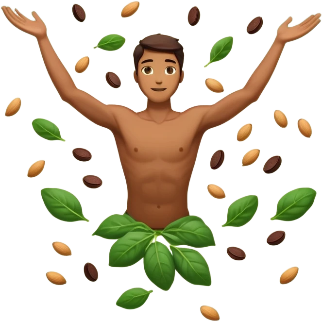 Man floating relaxed in the air with arms spread out, appearing weightless and serene, surrounded by floating pieces of dark chocolate, golden almonds, and green spinach leaves circling around him. The foods emit a subtle glow as they orbit the peaceful floating man. emoji