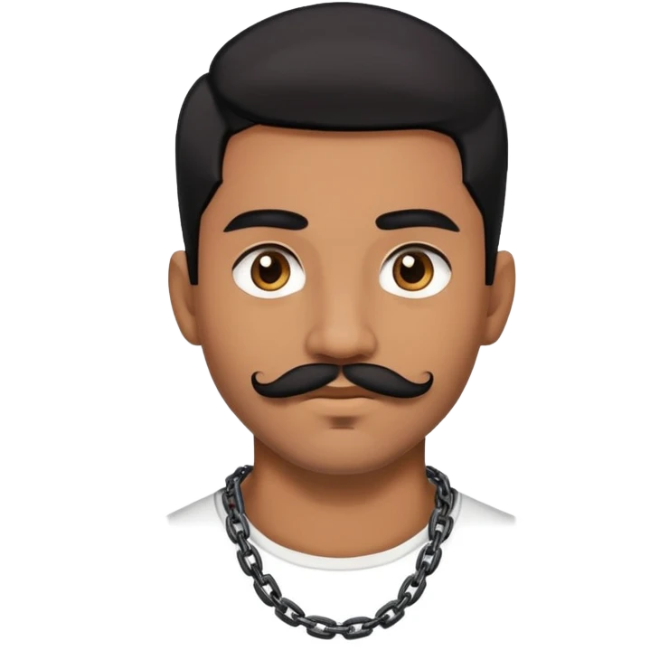 young man with mustache and chin beard, brown skin and black hair. sidepart haircut wears chains emoji
