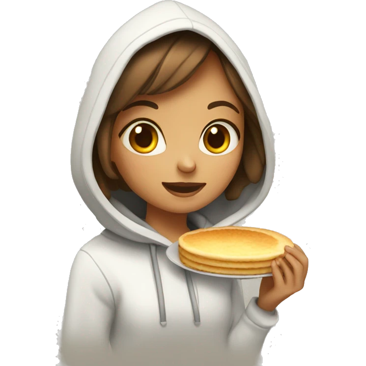 Girl wearing hoddie eating pan cake emoji
