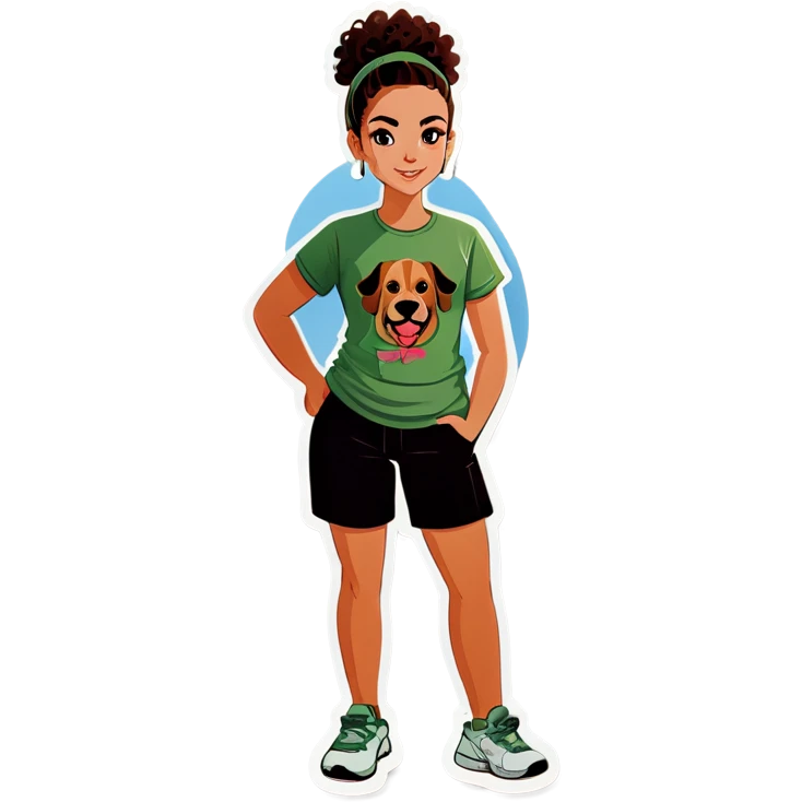 Girl with a burnette curly bun and a sage green T-shirt with a big dog emoji