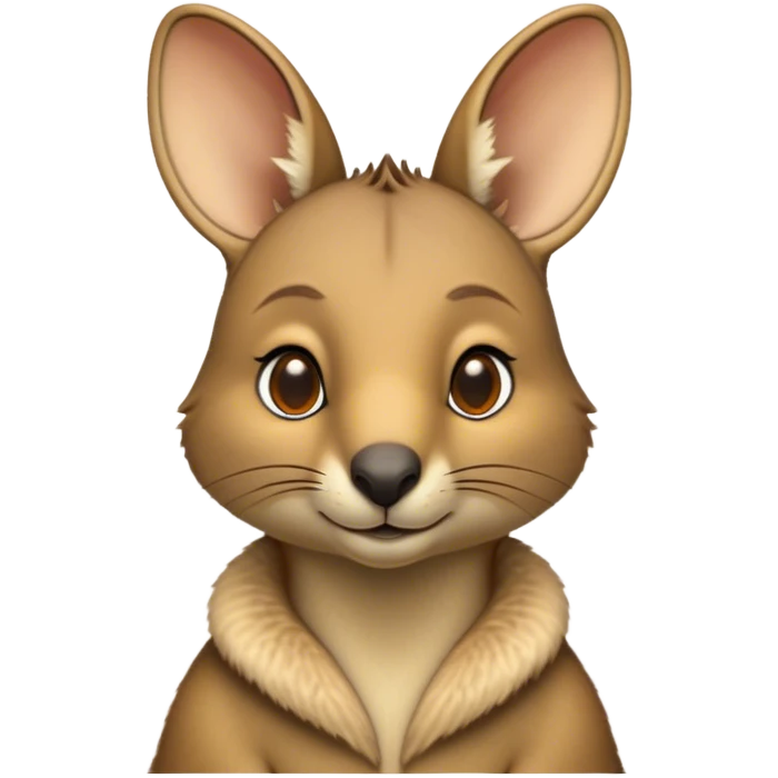 Cinematic Noble Wallaby Portrait Emoji, Poised and regal, with a compact, agile build and a soft, well-groomed fur of warm tan and light brown hues, deep-set soulful amber eyes and perky ears, Simplified yet sharp and sophisticated features, highly detailed, glowing with a soft, dignified glow, high shine, intelligent and spry, stylized with an air of bushland elegance, focused and attentive, soft glowing outline, capturing the essence of a watchful and confident marsupial, so majestic it feels as though it could hop out of the screen with effortless authority! emoji