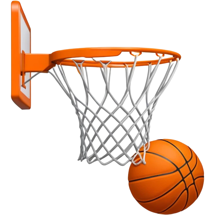 Basketball going through net with motion blur, viewed from side angle, minimal design, iOS emoji style emoji