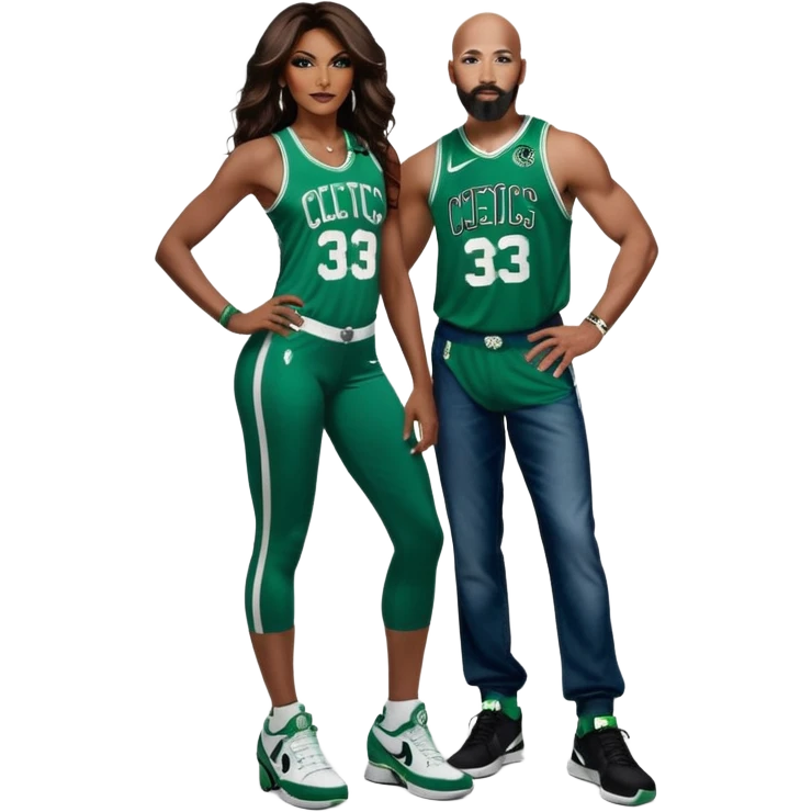 black woman and white man: 48-year-old black woman with brown eyes, long dark brown balayage hair dressed in sexy 
celtics jersey costume outfit and stilettos with bald white man with Ginger beard and blue eyes, in a Jason Tatum Boston Celtics Jersey, jeans and matching Nike sneakers  emoji