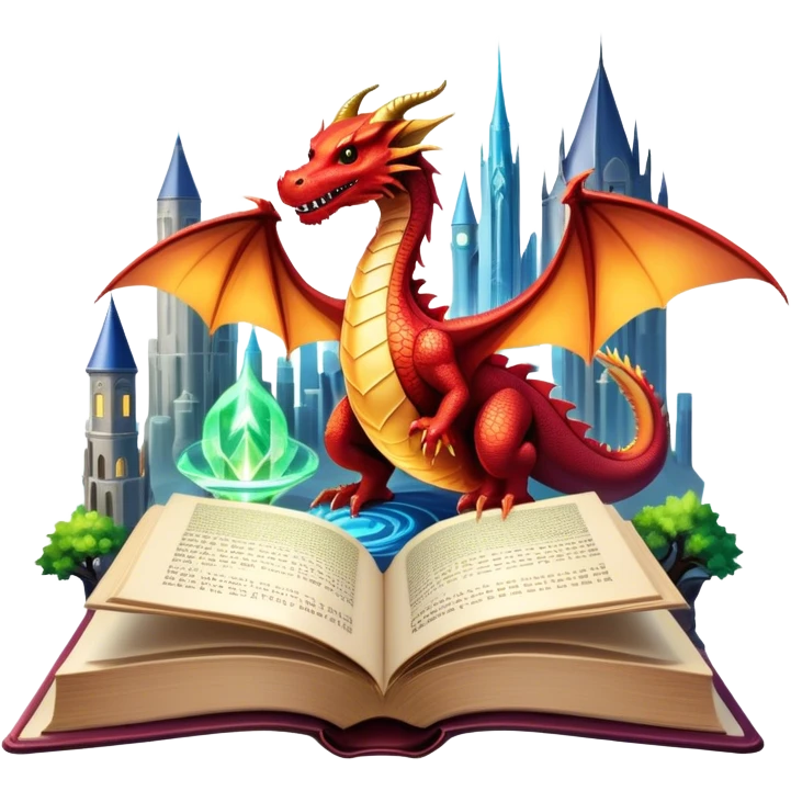 Icon for Fantasy and Science Fiction: a magical book with glowing pages, surrounded by a dragon, a spaceship, a wizard’s staff, and a futuristic cityscape. The icon should capture the adventure, magic, and imagination of fantasy and sci-fi worlds. Transparent background. emoji