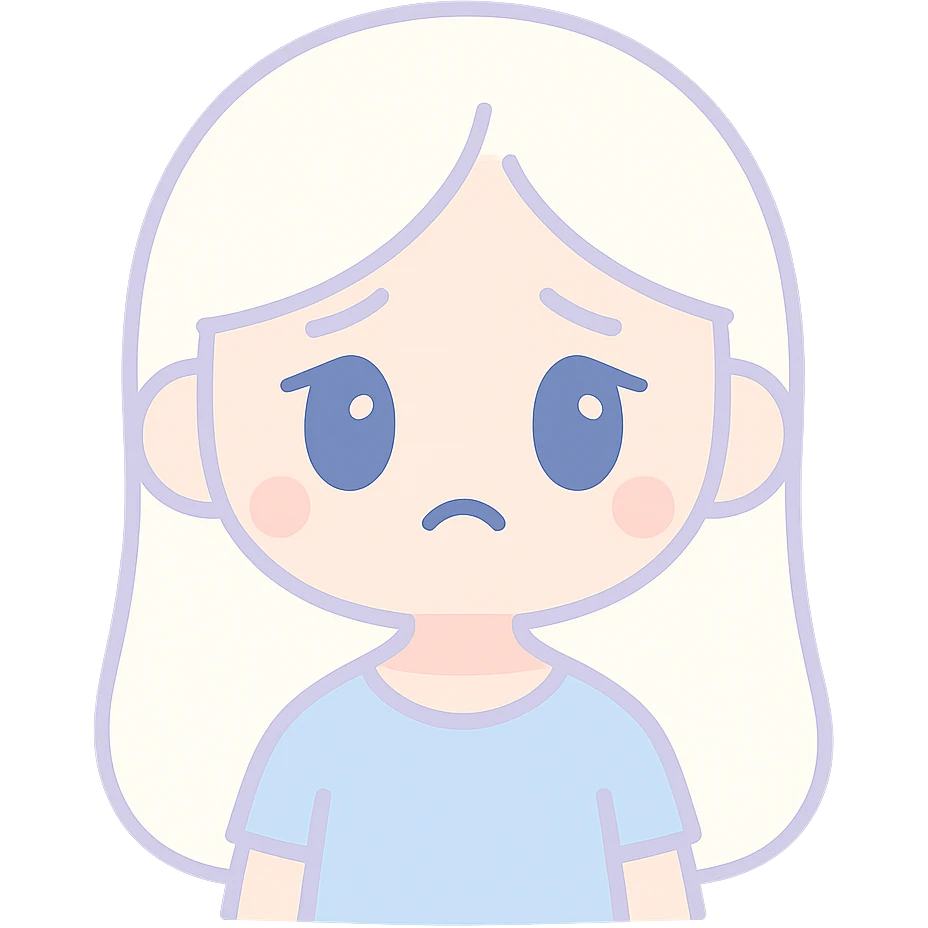 A girl with long white hair, blue eyes, sad and tired. emoji
