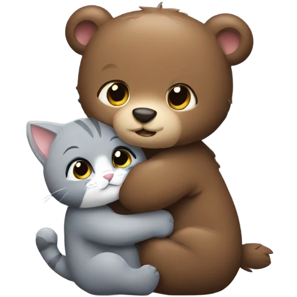 brown bear cub hugs gray cat emoji