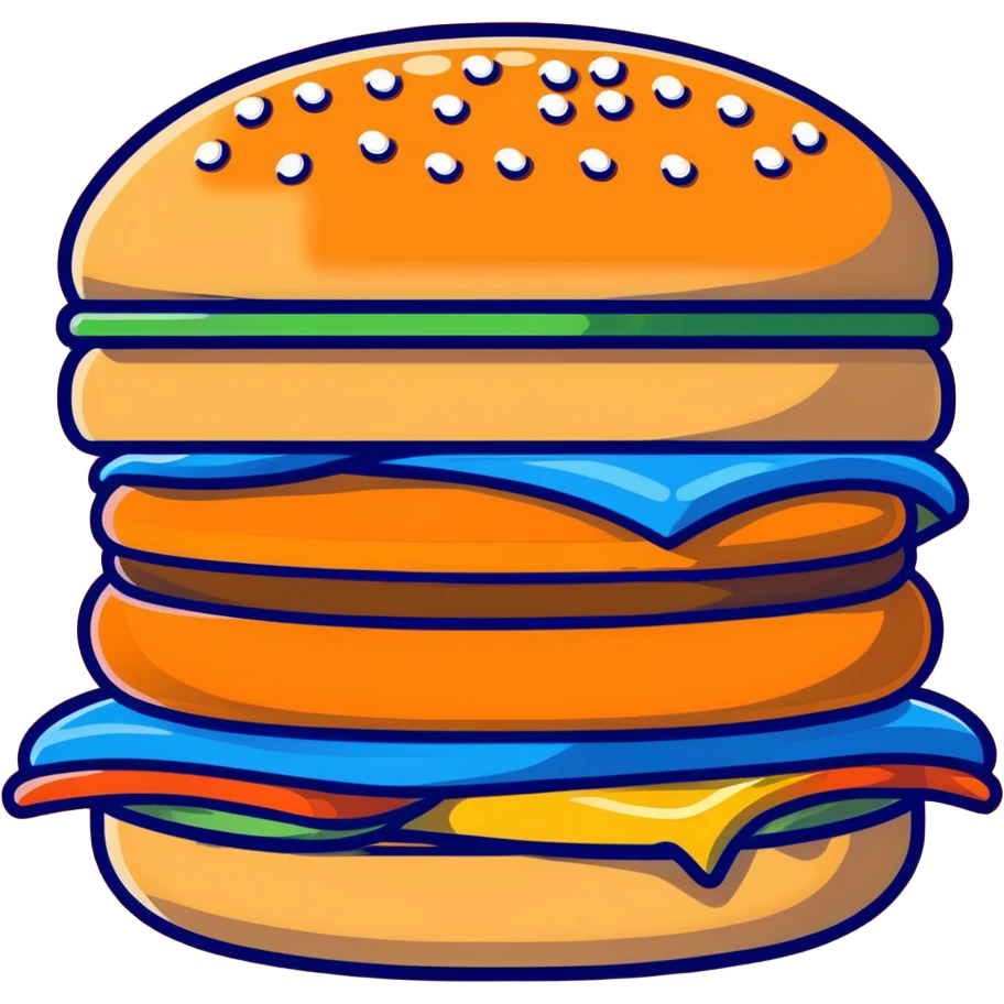 a long blue tongue sticking out between two hamburger buns, looking very funny and mischievous, cartoonish sticker style emoji