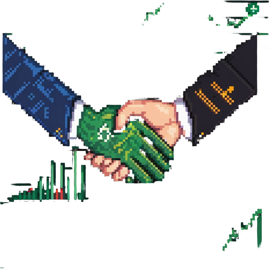 icon representing new economic politics with abstract symbols like currency, graphs, and handshake emoji