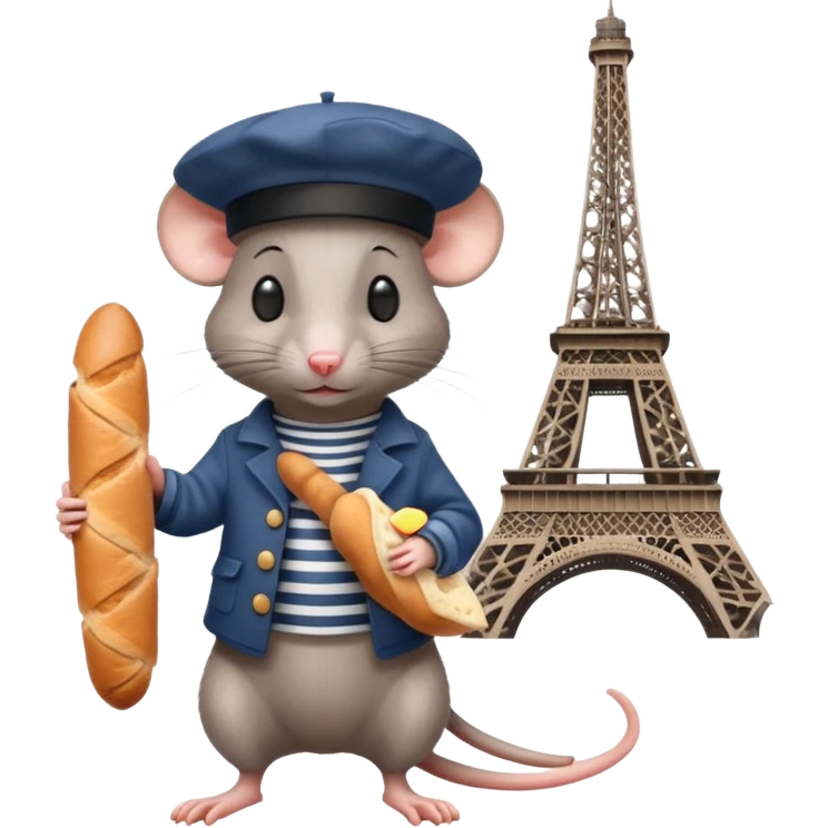 Rat wearing a beret and striped shirt holding a baguette with Eiffel Tower in background emoji
