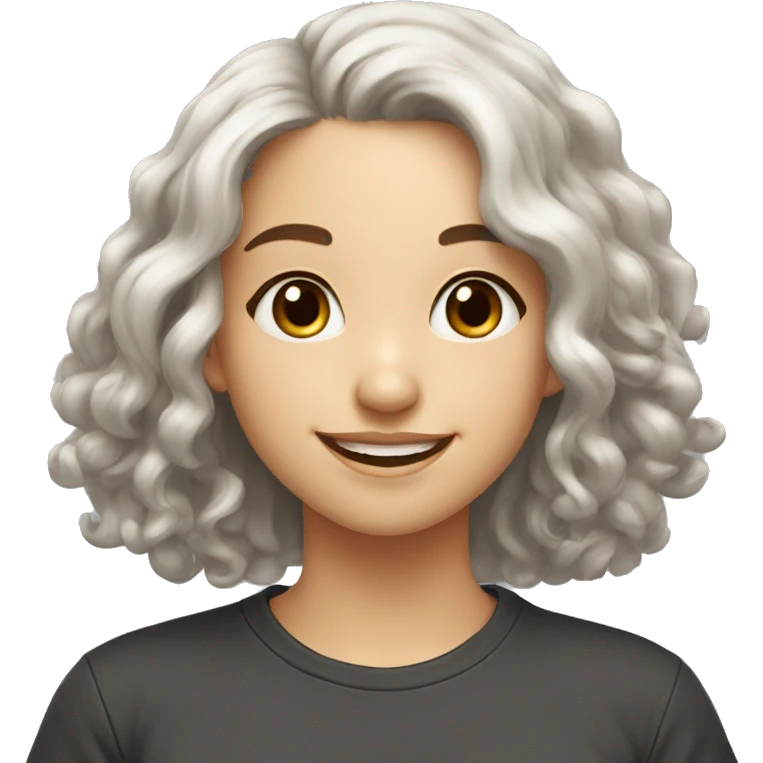 white cute smiling girl with black long curly hair and brown eyes in t shirt emoji