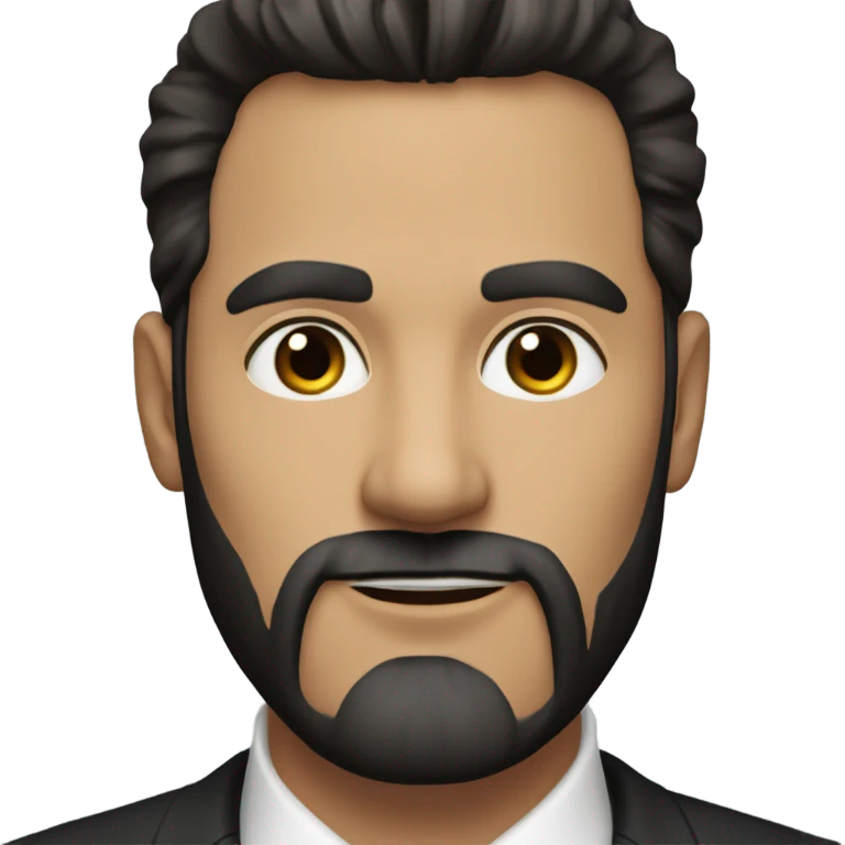 A man in late 30s with dark brown hair and dark brown eyes and a black suit and straight hair to the right and beard emoji