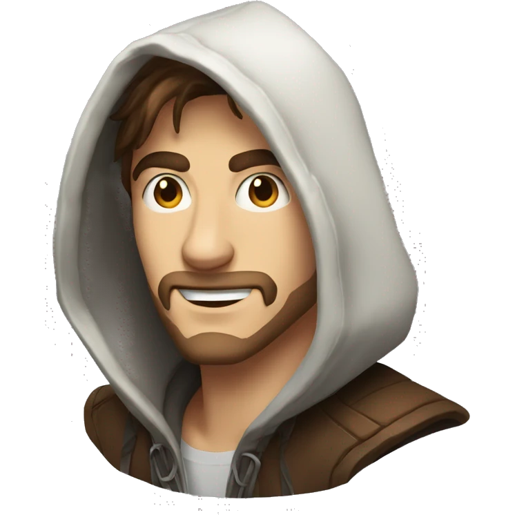 human male rogue with brown hair wearing a hood grinning sneakily emoji