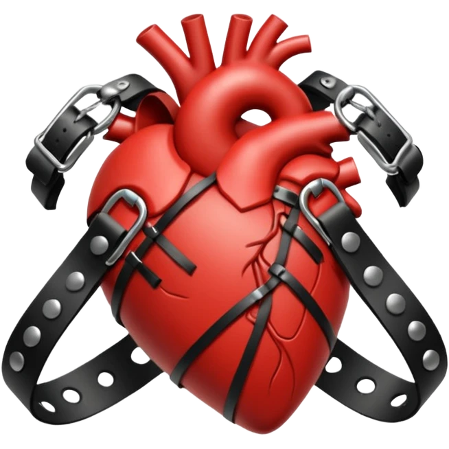 Human heart wrapped in tight leather straps, metal buckles, fetish gothic aesthetic emoji