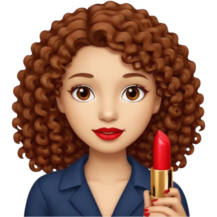 Ojos café claro, piel clara, cabello largo rizado color castaño sosteniendo un labial rojo emoji