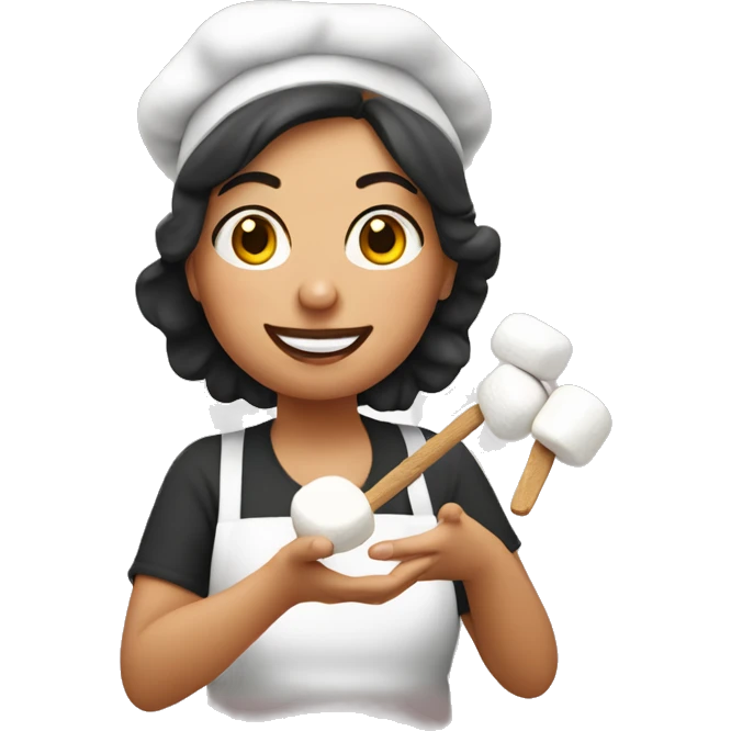 Italian woman looking  holding a marshmallow cooking marshmallows in kitchen emoji