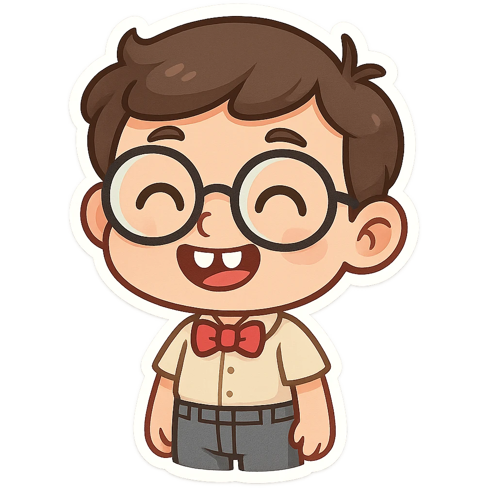 cartoon nerd with bow tie, round glasses, visible gap between teeth, smiling emoji