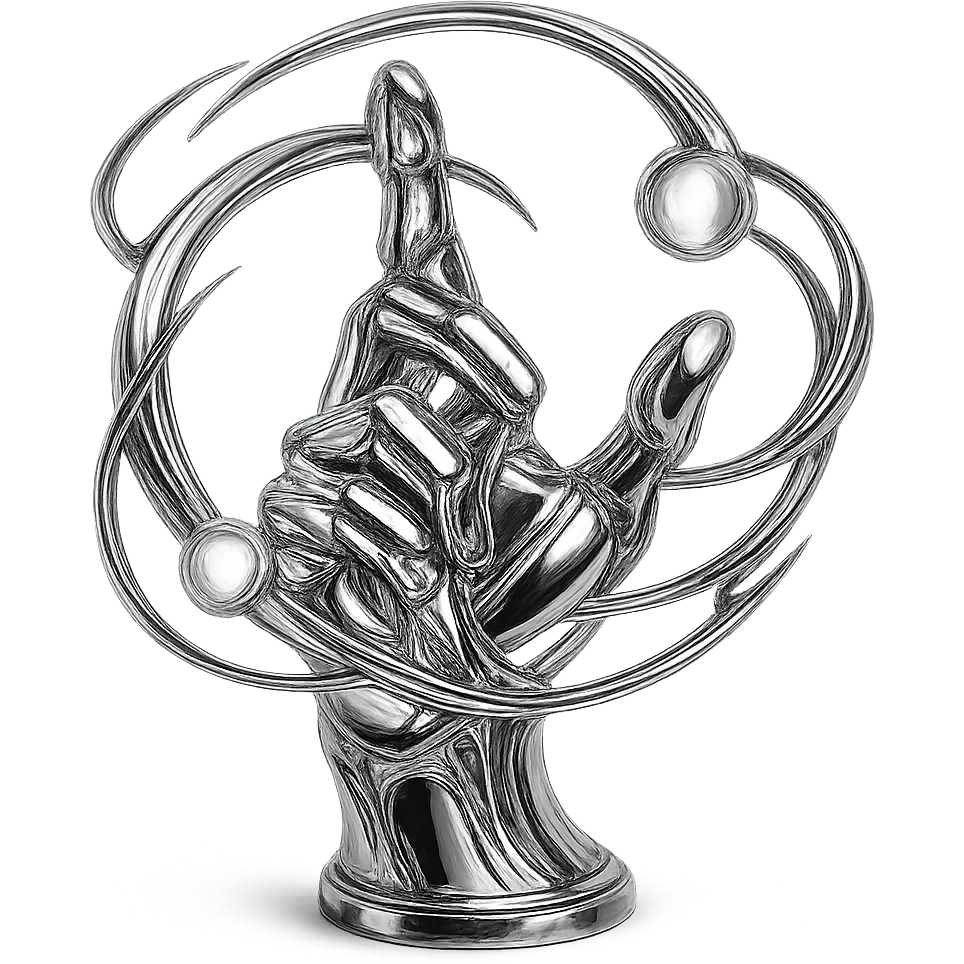 hand casting a spell, swirling metallic energy, glowing orbs, highly reflective chrome style emoji