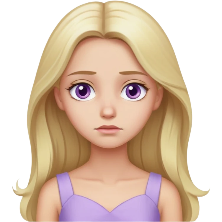 sad face blonde model, hazel eyes, sleek long hair, pastel purple dress emoji