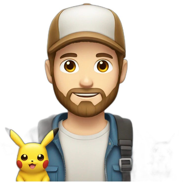 white man with brown hair and beard holding a pikachu pokemon emoji