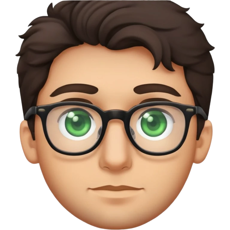 young man with dark slightly curled hair wearing glasses with green eyes and stubble emoji