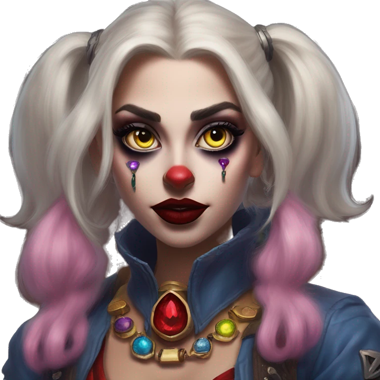 Warcraft gem collector in Harley Quinn style, oil paint, mysterious eyes, intricate lips, masterpiece portrait, odd perspective, beautiful, desirable, logical emoji