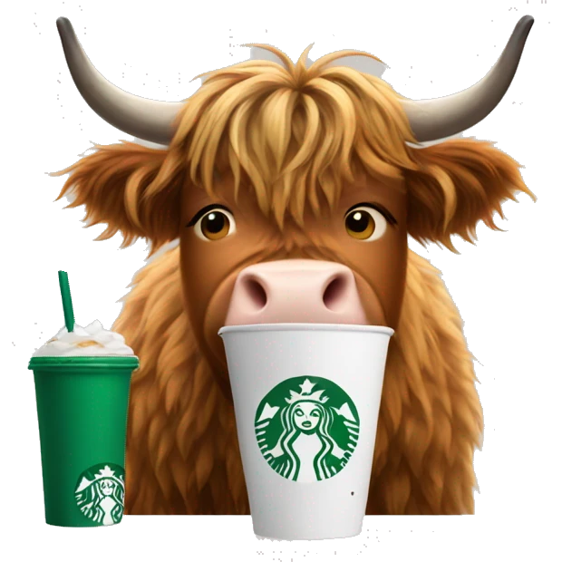 Highland cow drinking cold Starbucks drink emoji