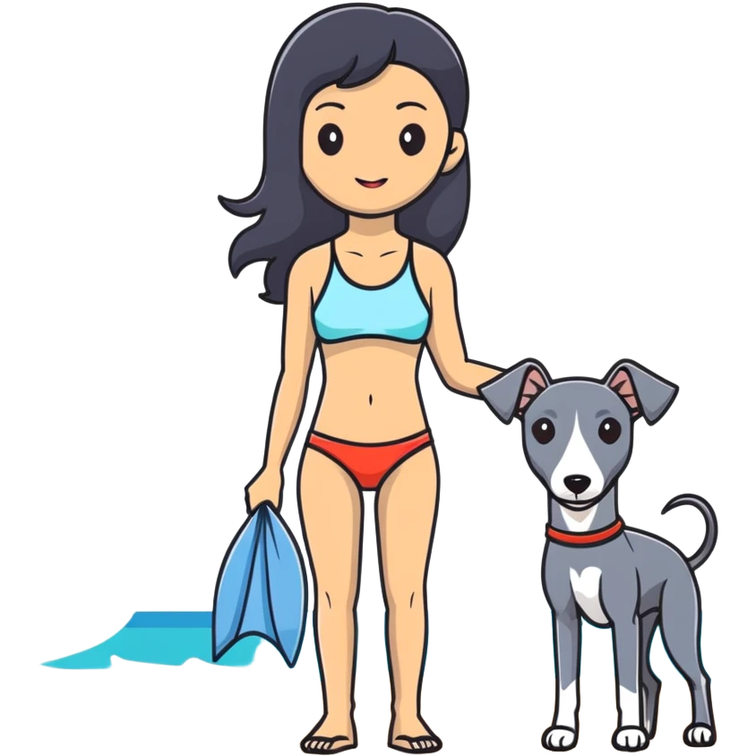 Slim Chinese woman with long black hair in appropriate beach attire at the beach with her completely solid grey Italian greyhound, the dog has absolutely no white markings anywhere, not on face or paws, solid grey color throughout entire body emoji