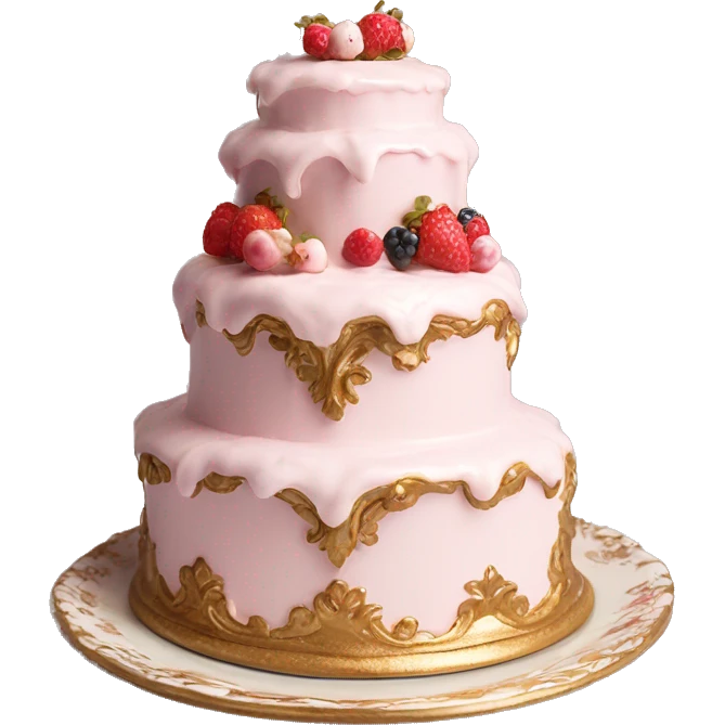 aesthetic vintage rococo cake with white icing, berries on a gold, pale pink, and white ceramic plate stand  emoji