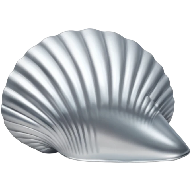 A seashell emoji made of polished silver chrome, smooth curved surface, reflective metallic highlights, elegant minimal design, iOS emoji style, centered, clean white background, soft lighting emoji