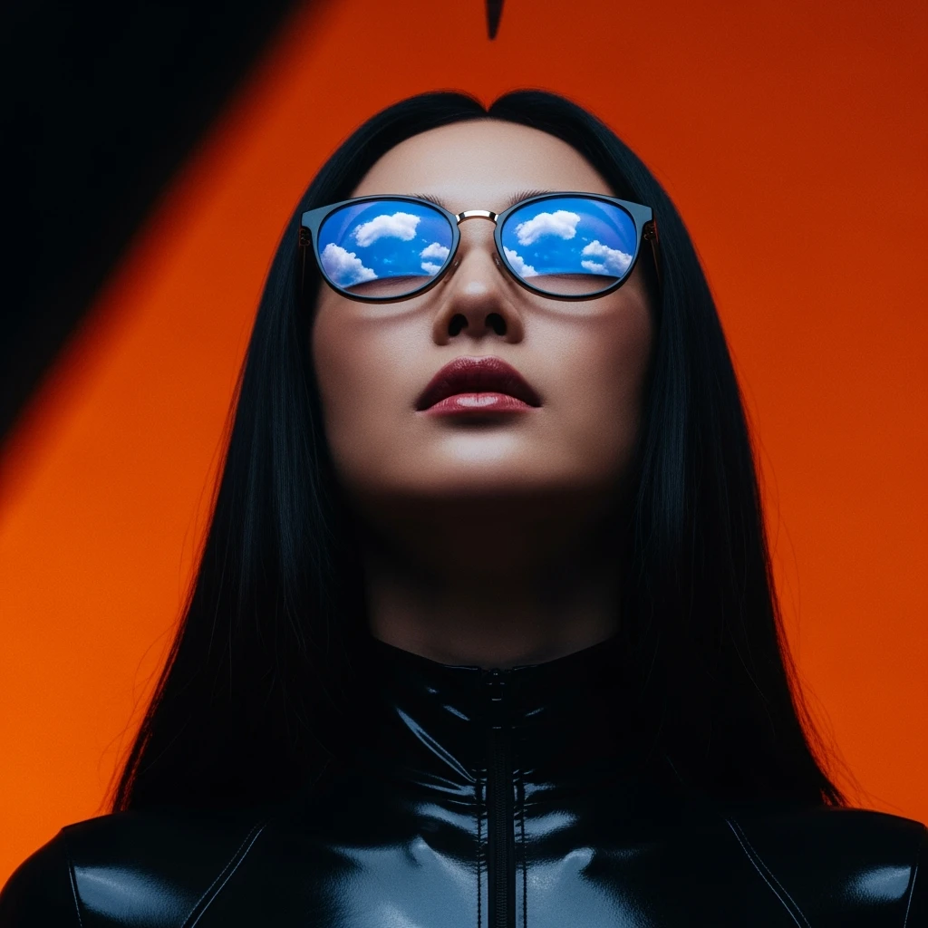 extreme closeup Photo of a beautifull woman with dark hairs and dark uotfit looking up (like villain), orange background, minimalistic, glasses with contrast reflection of blue sky and white clouds  emoji