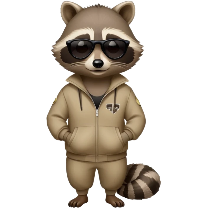 friendly anthropomorphised raccoon in a Sopranos-style mafia tracksuit, wearing dark sunglasses, relaxed pose emoji