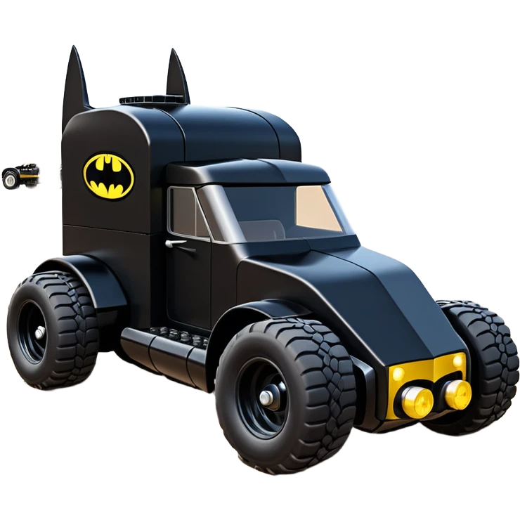 futuristic Batman’s Venomobile  loosely based on 1956 freightliner moving truck Lego (flat long straight organically-shaped mechanical roomy interior seating inside the body) stealthy town hot rod desert dirt racing rwd buggy  emoji