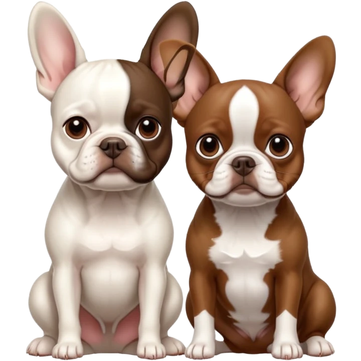 All pure white French bulldog sitting next to skinny brown Boston terrier emoji
