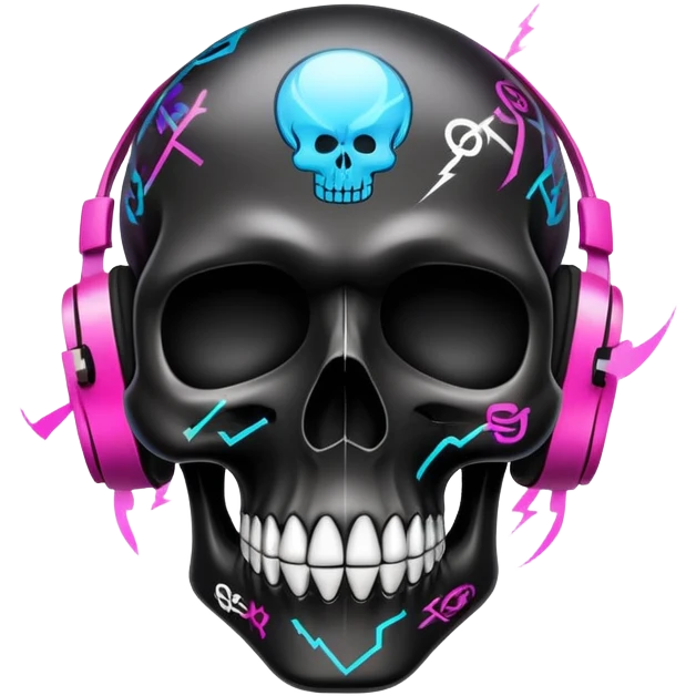 sleek black skull with electric graffiti designs and high-end fashion logos, dramatic three-quarter view emoji