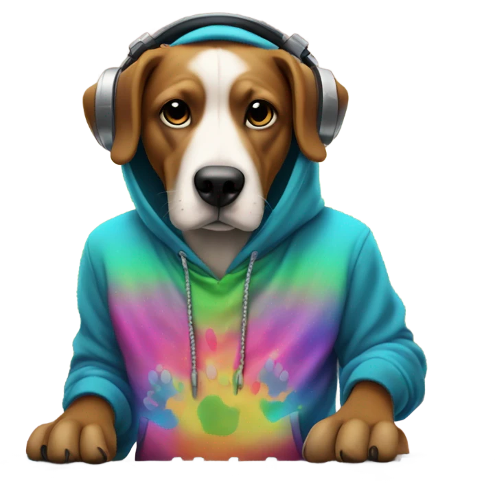 Dog in a hoodie playing a DJ board emoji