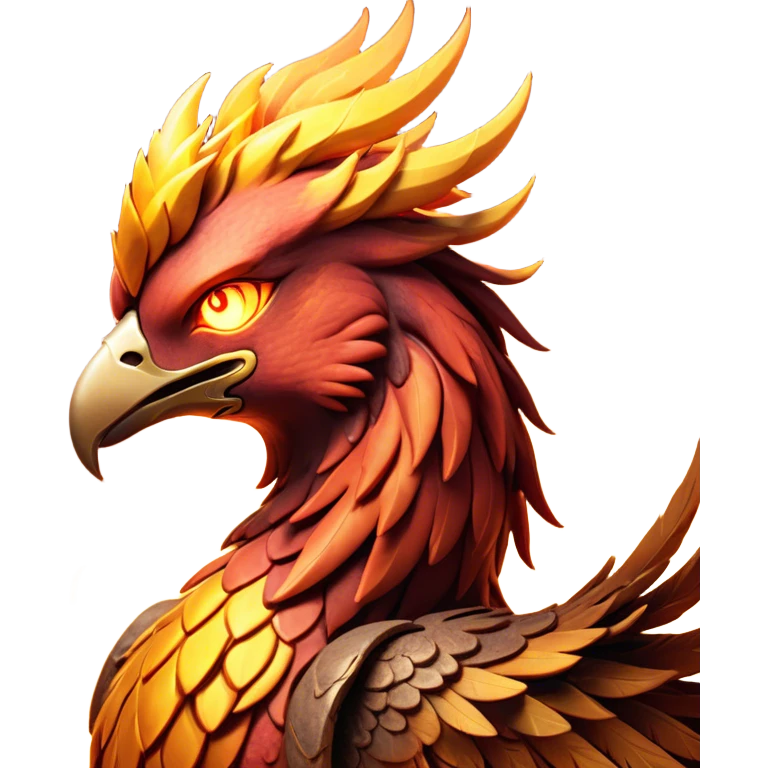 Cinematic Battle-Hardened Mystical Fire Phoenix Portrait Emoji, head bowed slightly in a moment of raw resilience, revealing a form etched with the wear of relentless conflict. Ragged, scorched plumage and half-closed, determined eyes speak to battles fought and won. Rendered with authentic detail and dramatic natural light that accentuates every scar and burn, high shine, this portrayal blends vulnerability with hardened strength, outlined in a soft glow that captures the essence of a phoenix tempered by the fires of combat. emoji