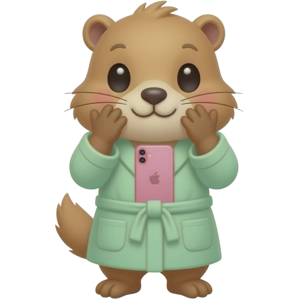 Cute blond Marmot with hands around her big cheeks with , pink cute l’iOS and wearing light green bath robe emoji