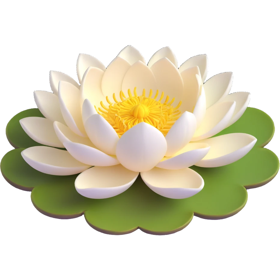Realistic white lotus flower with detailed layered cream-white petals and bright yellow stamens, floating on accurate lotus pad with characteristic notch and bowl shape emoji