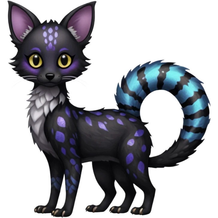 Feral Rare Fantasy Dark gothic spooky  sparkly shiny Vernid-Trico-species by LiLaiRa, random markings, tufted tail, tufted ears, full body emoji