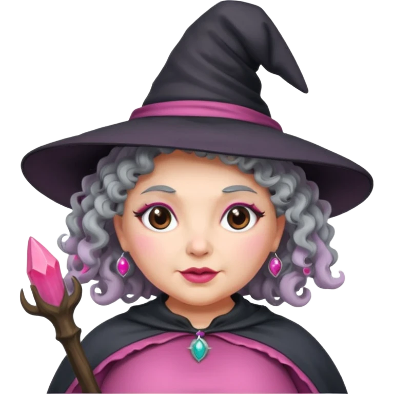 plump witch with pink skin, grey curl hair emoji