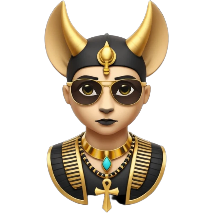 3D cartoon horned character portrait, wearing sunglasses, gothic ancient Egyptian style, pharaoh collar, dark gold and black outfit, ankh symbols, Egyptian jewelry, mysterious expression, soft dramatic lighting, centered, clean background, no text, no watermark emoji