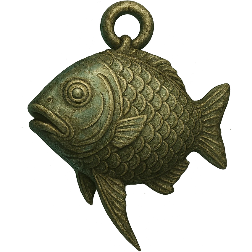 Elden Ring talisman, Green Fish, ancient artifact look, engraved scales, subtle magical aura emoji