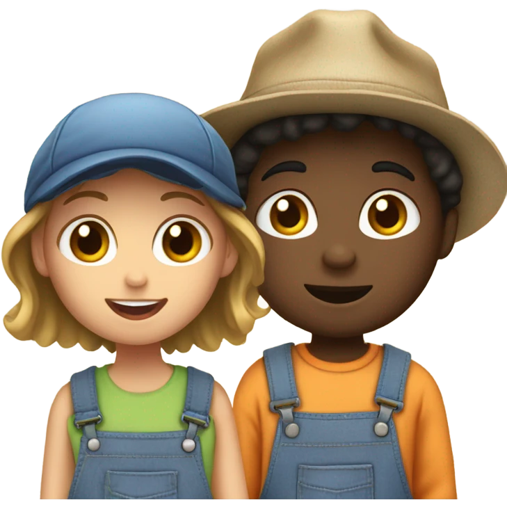 boys in overalls with hats. Person on left is a girl emoji