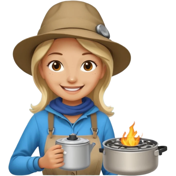 A woman camper boiling water on a portable stove, enjoying the outdoor emoji