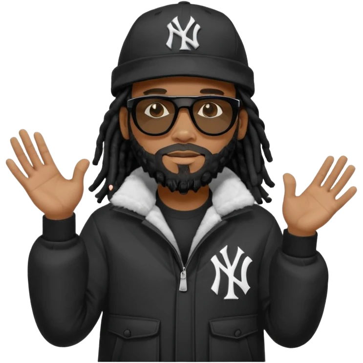 African American man with shoulder length black dreadlocks with black beard wearing black sunglasses wearing a black bubble winter coat wearing a New York Yankees baseball hat with his hands out emoji