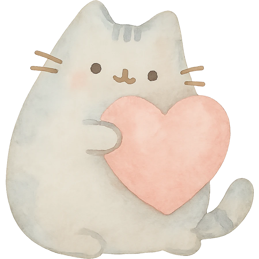Pusheen hugging a big heart, pastel colors, adorable, watercolor art style emoji