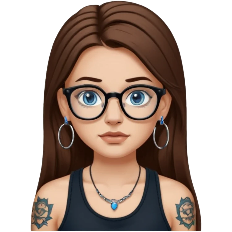 WHITE girl with long brown hair, part going more to the RIGHT side, BLUE eyes, wearing BLACK rectangle plastic frame glasses. SEPTUM nose piercing hoop (at bottom of nose) AND stud nose piercing on right side of nose. Wearing BLACK tank top. Arm tattoos. Hoop earrings emoji